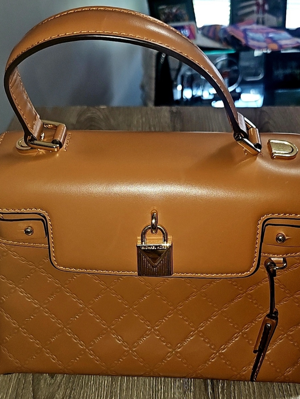 Authentic Michael Kors Gramercy chain embossed leather satchel in acorn/gold